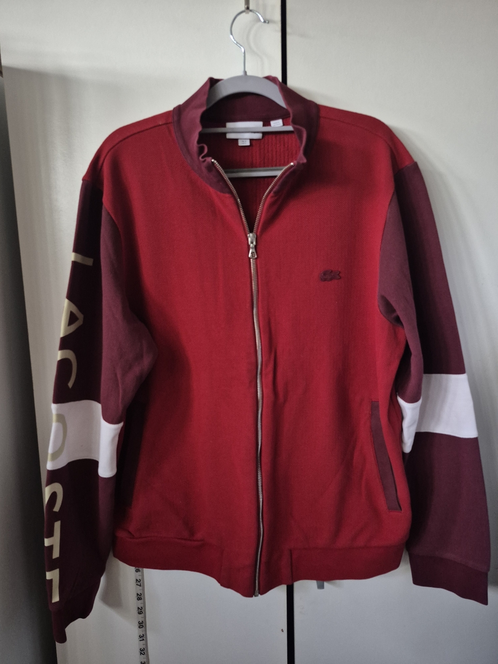Lacoste Red Burgundy Colorblock Zip-Front Sweater Jacket